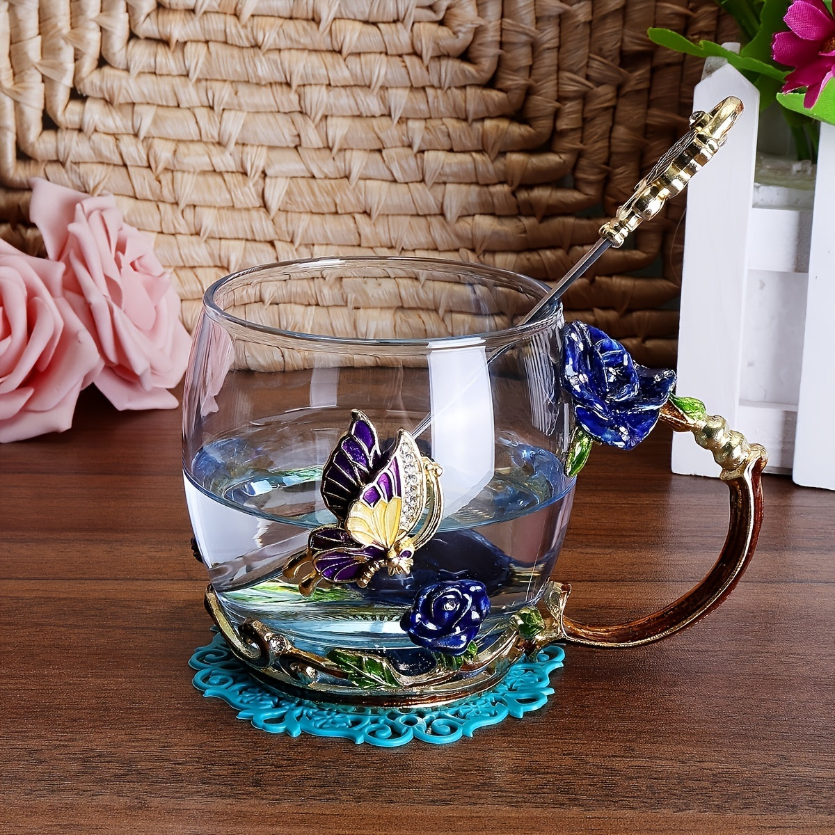 1pc Glass Cup Rose Enamel Crystal Tea Cup, Coffee Mug, Tumbler - Butterfly Rose Painted Flower Design - Clear Glass With Spoon Set - For Tea & Coffee Lovers - Perfect Gift for Mother's Day & Housewarming