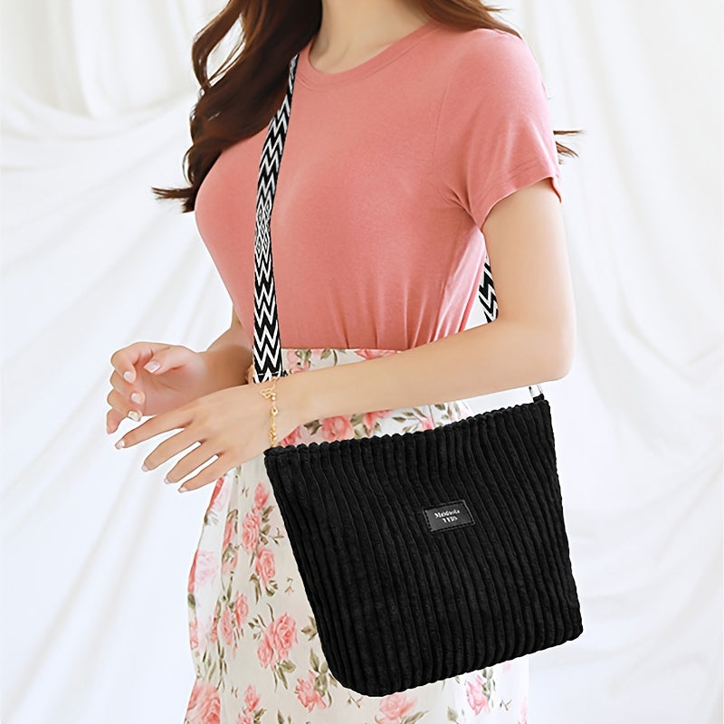 Casual Corduroy Crossbody Bag with Adjustable Strap, Lightweight Polyester Lined, Zipper Closure, Striped Pattern, Hand Washable - Fashionable Shoulder Bag for Daily Commute, Shopping, and Travel