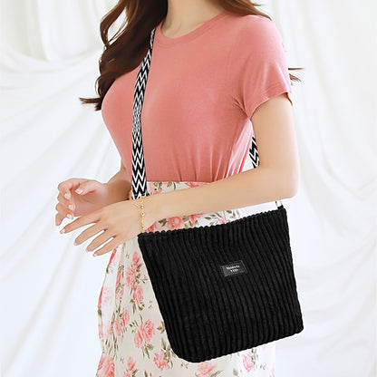 Casual Corduroy Crossbody Bag with Adjustable Strap, Lightweight Polyester Lined, Zipper Closure, Striped Pattern, Hand Washable - Fashionable Shoulder Bag for Daily Commute, Shopping, and Travel