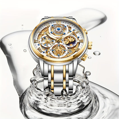 Noble Luxury Business men's Watch Stainless Steel Strap. Fashion Creative Gear Dial Luminous Calendar Quartz Watches. Suitable for family gatherings as gifts