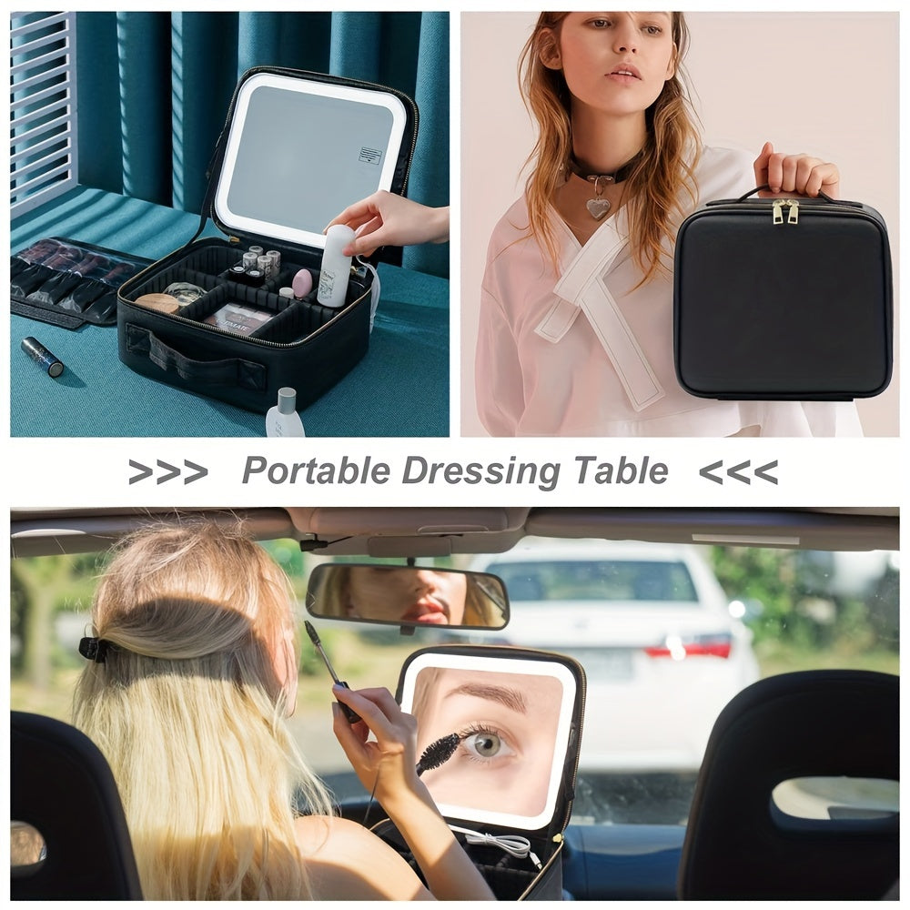 LED Lighted Travel Makeup Train Case Cosmetic Bag Organizer with Mirror and Adjustable Divider Brush Board