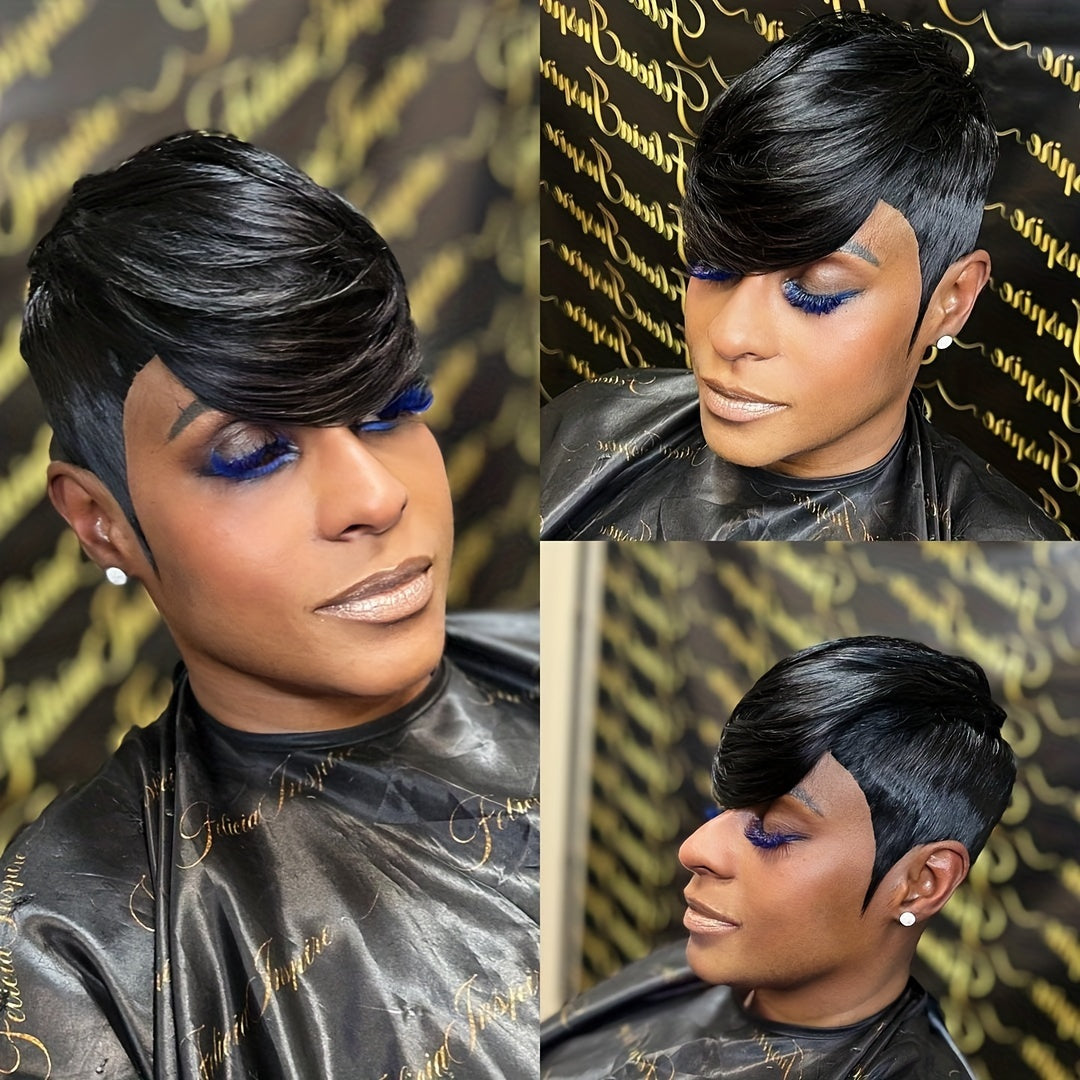 Elegant Pixie Cut Wig for Women - 100% Real Human Hair, Short Layered with Bangs in Vibrant Colors (99J/613, 1B30, 1B, Bug/613) - Glueless, No Shedding, Perfect for Music Festivals & Special Occasions, Brazilian, Full Machine Made, Dress Up Wig