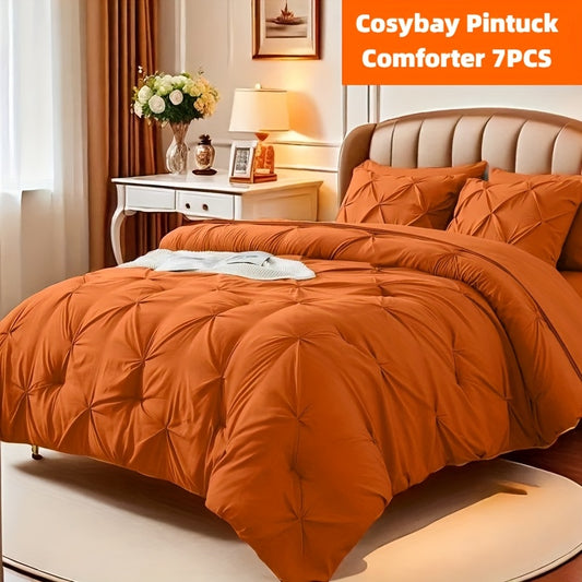 Cosybay 7PC Comforter Set-Luxury Soft Fluffy Pinch Pleated Bedding with 1 Comforter, 1 Fitted Sheet, 1 Flat Sheet, And 4 Pillowcases-All Season for nursing homes and wards, Hypoallergenic, Breathable, And Easy Care Bedding Set for Bedroom-Comforter Set Qu