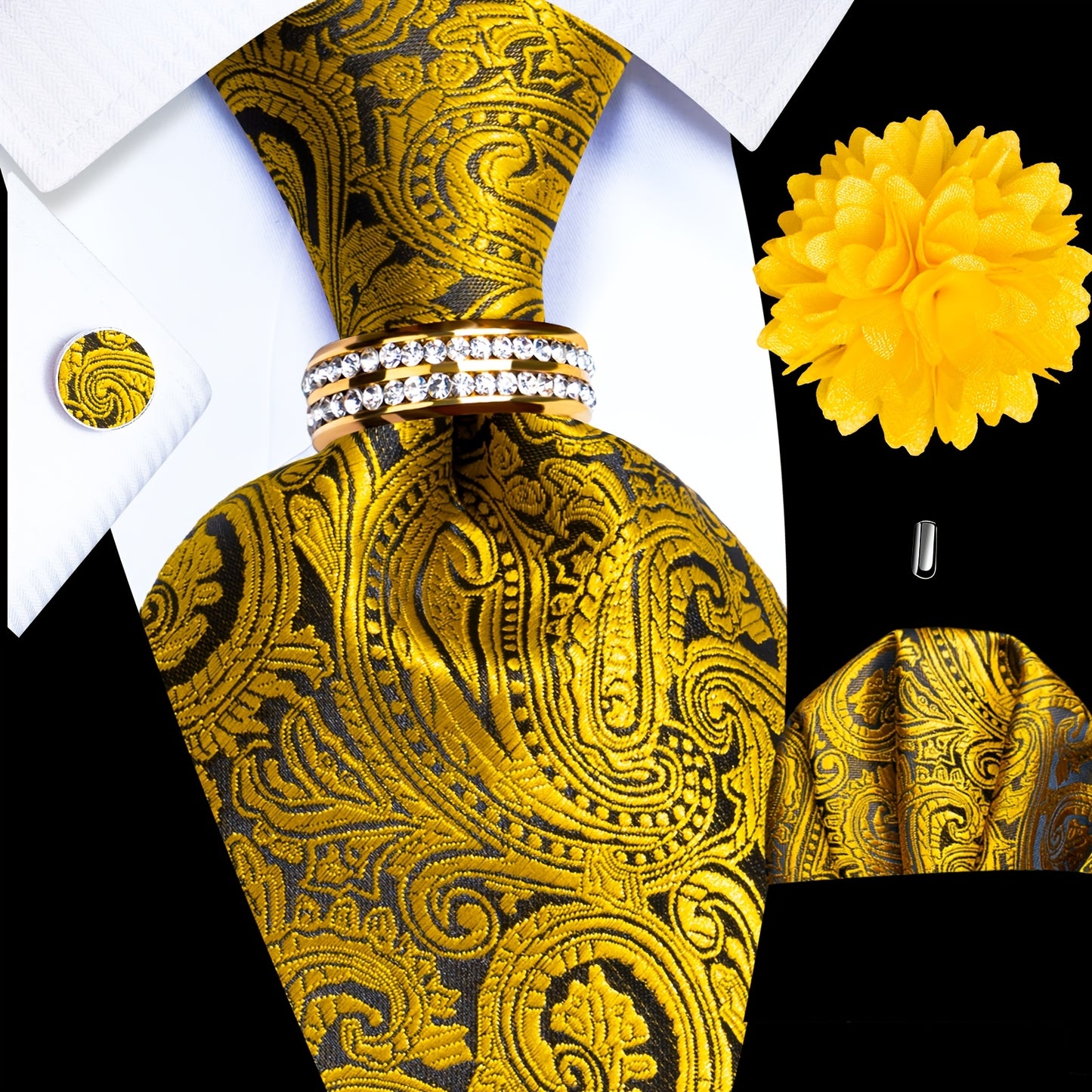 5PCS Men's Luxury Tie Set with Pocket Square, Cufflinks, Drilled Tie Ring, and Lapel Pin