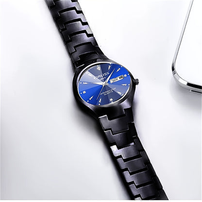 2pcs ORUSS Elegant Lovers' Watches - Sleek Black with Blue Dial