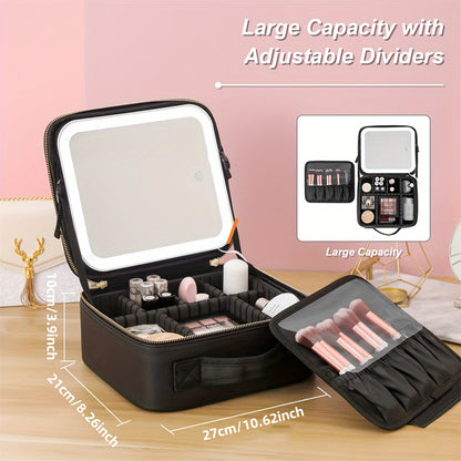 LED Lighted Travel Makeup Train Case Cosmetic Bag Organizer with Mirror and Adjustable Divider Brush Board