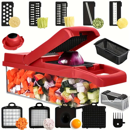 16pcs/26set Multifunctional Vegetable Slicer and Chopper with Interchangeable Blades - Easy to Cut, Dice and Shred Vegetables, Professional Onion Chopping, Suitable for 8 Blades Fast Food Preparation Slicer, Including Container