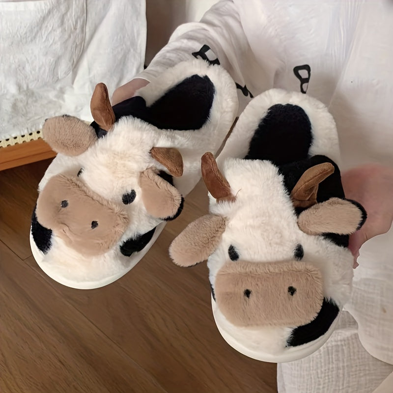 Women's Cartoon Cute Cow House Slippers - Warm Plush Lined Closed Toe Fuzzy Home Slides - For Women - Perfect for Cozy Winter Nights & Relaxing at Home - Ideal Gift for Cow Lovers & Friends