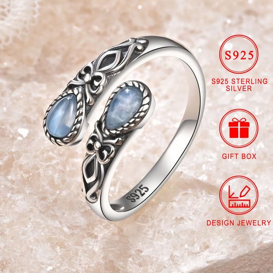 S925 Sterling Silver Moonstone Spoon Ring, Hypoallergenic Nickel-Free, Victorian Vintage Style, Adjustable Butterfly Thumb Jewelry, Bohemian Holiday Theme, Synthetic Stone, Silver Plated, Gift Box Included, Women's Fashion Accessory for Daily Wear and Gif