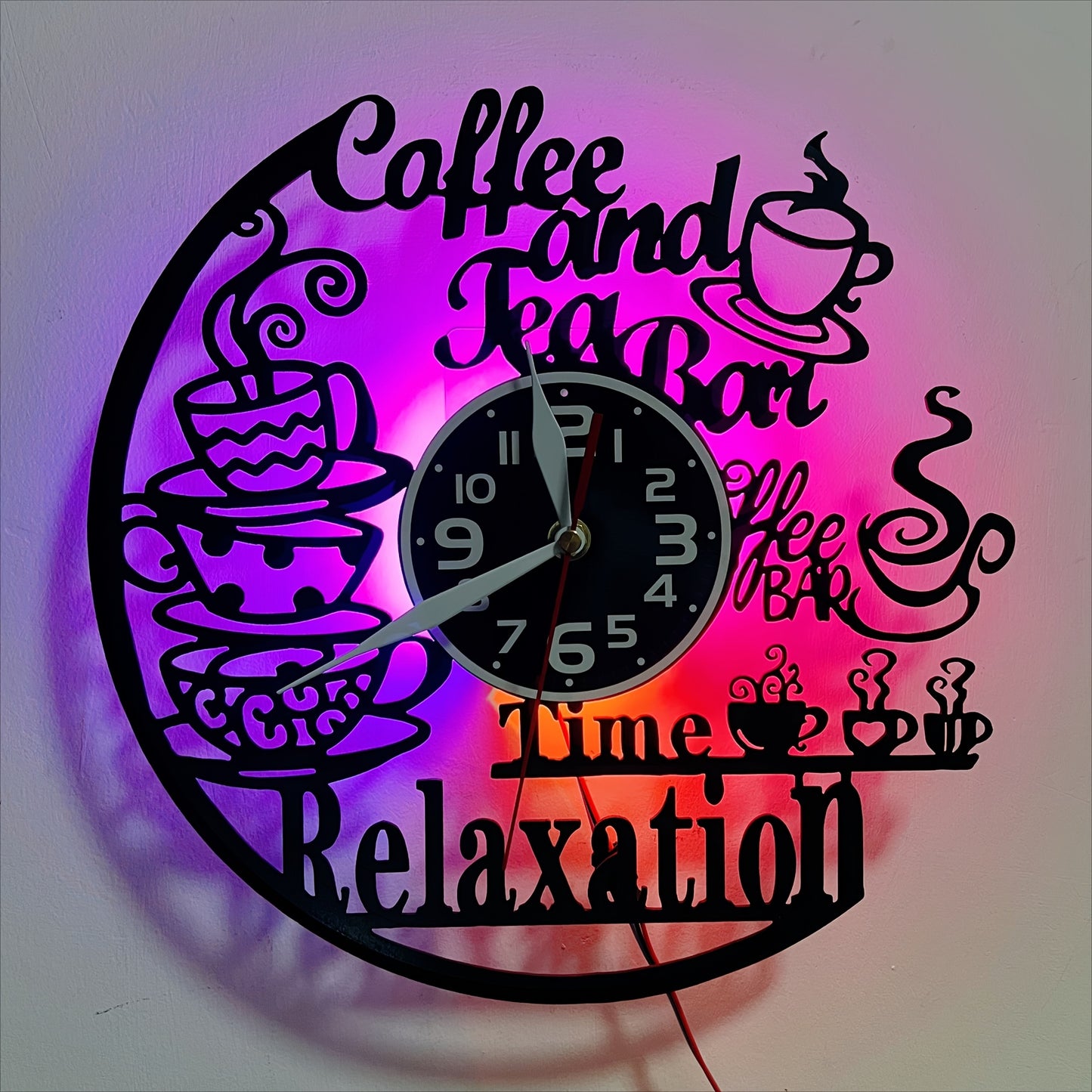 Vinyl Coffee and Tea Bar Themed Wall Clock - Silent, Glowing LED Lights..