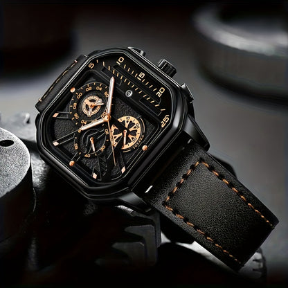 Vintage Sports Men's Watch - Large Dial Date PU Leather Calendar Quartz Wristwatch - For Men - Ideal Gift for Fathers Day & Birthdays