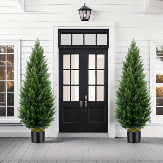 Artificial Topiary Cedar Trees 5ft Tall 1 Or 2 Set, Outdoor Indoor Faux Pine Shrubs Plants, Realistic Fake Plants Front Porch Decor, Artificial Bushes Cypress for Home Front Door Offices Garden
