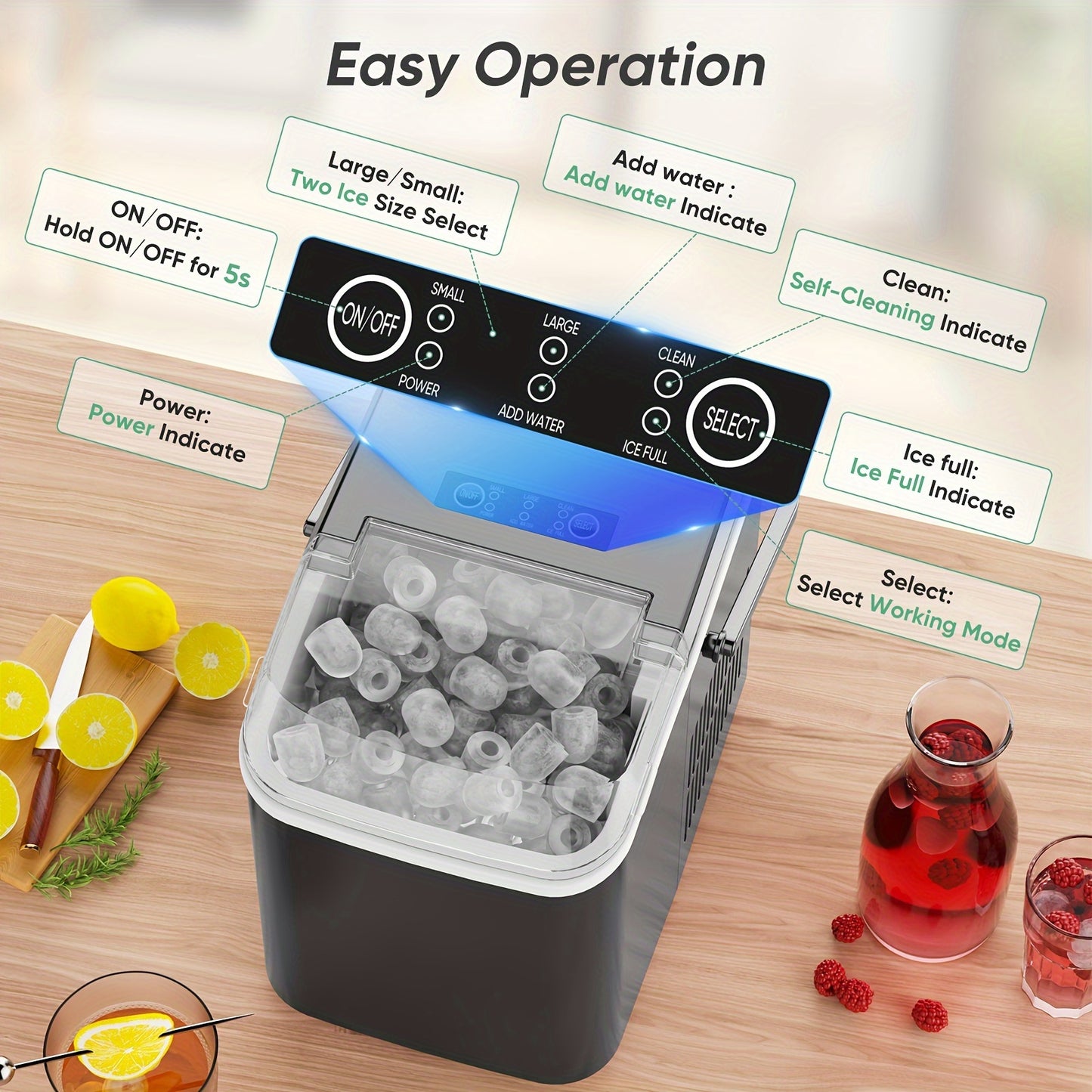 Countertop Ice Maker, Nugget Portable Ice Machine, 9 Bullet Ice Cubes in 6 Mins, 26.5lbs in 24Hrs Self-Cleaning with Handle, Basket, Scoop - For Home, Kitchen, Parties, Camping & RV - Perfect for Entertaining & Outdoor Activities