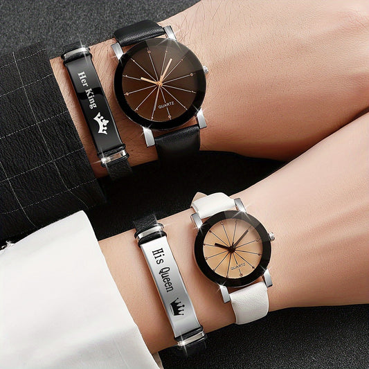 4pcs/set Fashion Exquisite Couple PU Band Watch with Couple Bracelet Black & White Set