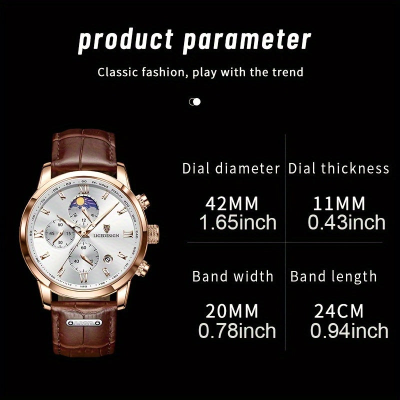 LIGE Men's Watch With Pu Leather Strap. Outdoor Sports Watches. Chronograph Luminous Calendar Quartzwatches. Suitable As A Christmas Gift.