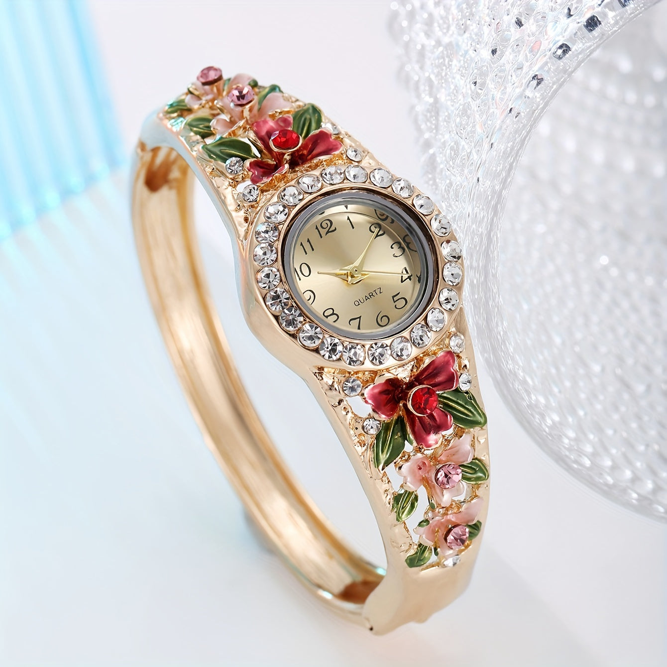 Round Floral Rhinestone Quartz Watches Alloy Strap Zinc Alloy Case, Glamorous Shiny Bracelet Style, For Women