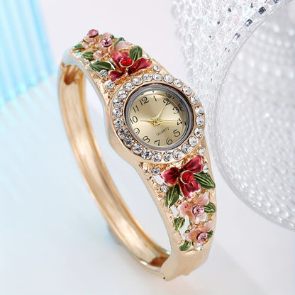 Round Floral Rhinestone Quartz Watches Alloy Strap Zinc Alloy Case, Glamorous Shiny Bracelet Style, For Women
