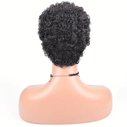 Elegant Pixie Cut Wig for Women - Natural Black Brazilian Human Hair, Kinky Curly, Glueless, 150% Density, Short, Wigs