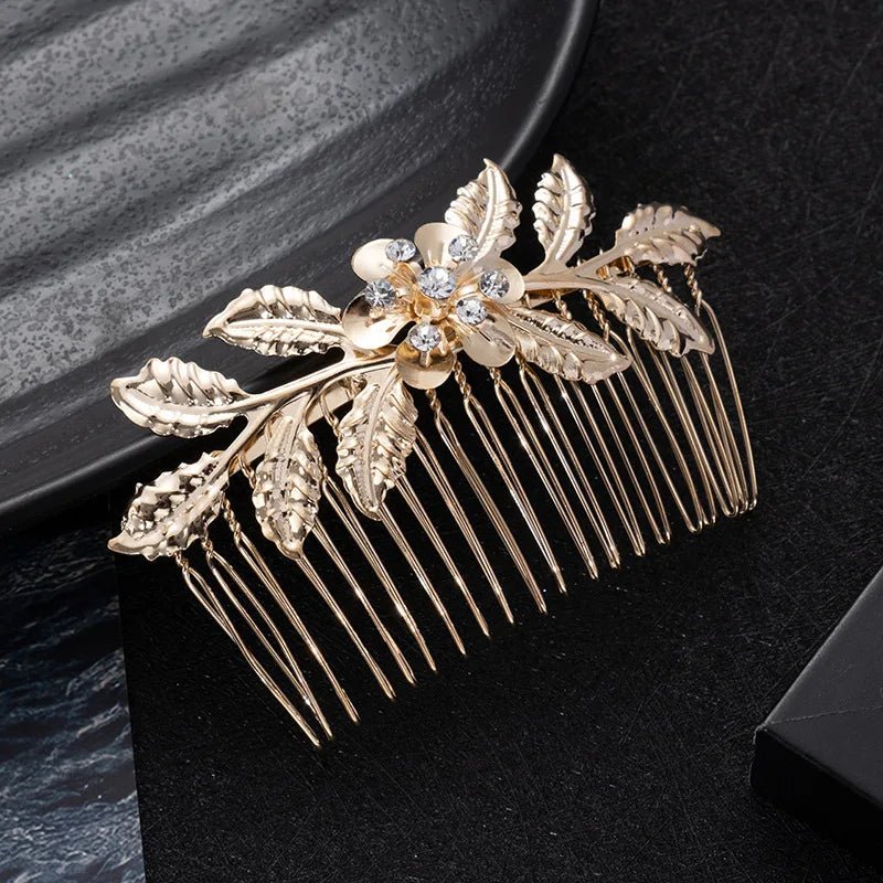 Gold Color Metal Leaf Hair Clip Girls Wedding Hairpin Barrette Flowers Rhinestone Hair Comb Hairpins Women Accessories Jewelry - buythingsusa