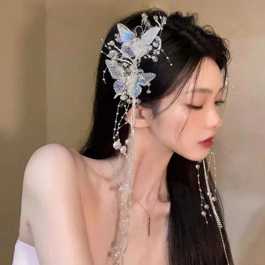 Long Butterfly Fringe Rhinestones Hair Clips for Women Fairy Temperament Sweet Princess Hairpins Fashion Bride Hair Accessories - buythingsusa