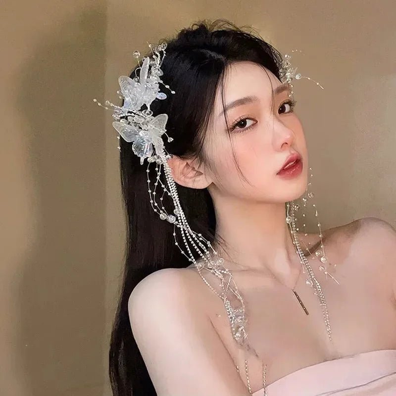 Long Butterfly Fringe Rhinestones Hair Clips for Women Fairy Temperament Sweet Princess Hairpins Fashion Bride Hair Accessories - buythingsusa