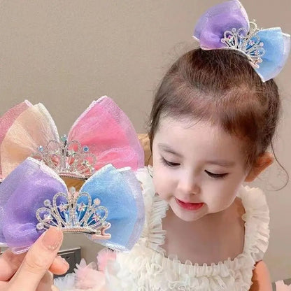 Pastel Rainbow Hair Bows Gradient Color Princess Crown Hair Clips Standing Bowknot Hairpin Kids Barrette Korean Hair Accessories - buythingsusa