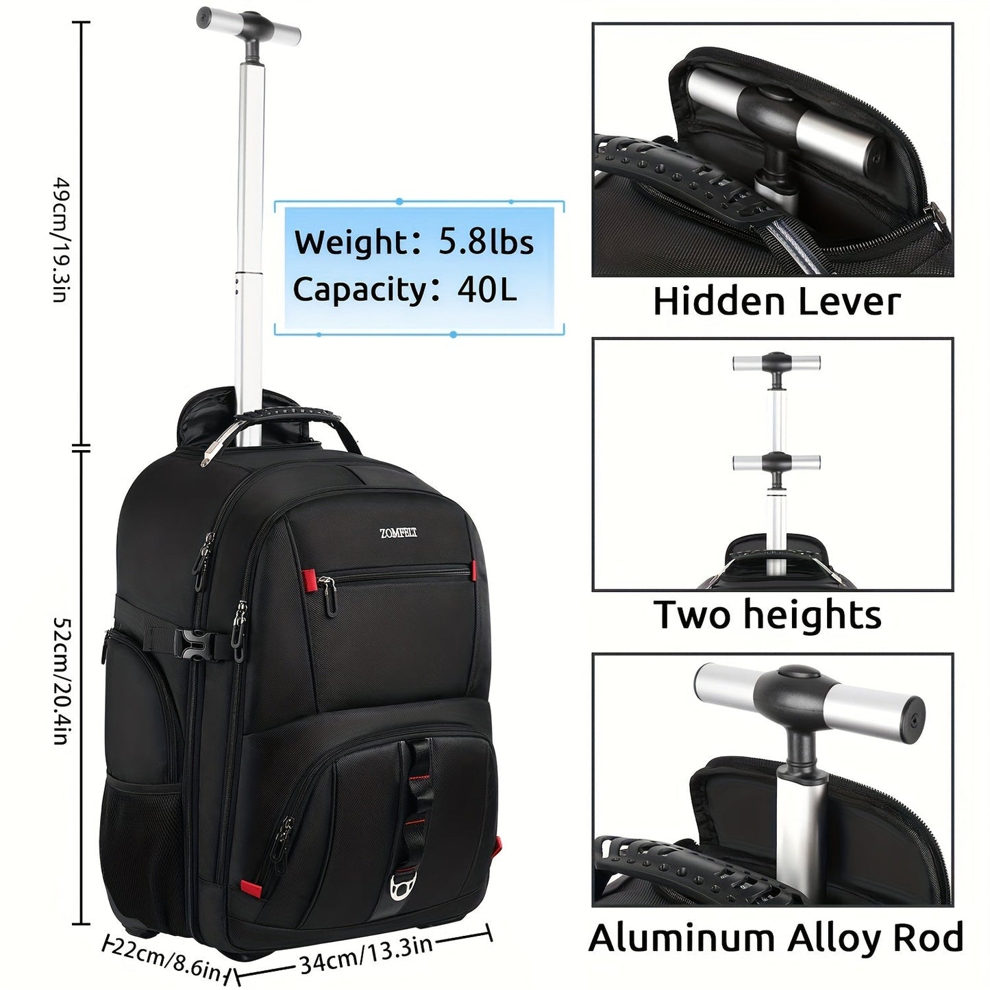 Rolling Backpack, Travel Backpack with Wheels, Carry on Backpack with 3 Packing Cubes, 17.3 Inch Wheeled Laptop Backpack for Men Women Adults to Travel Work Business - buythingsusa